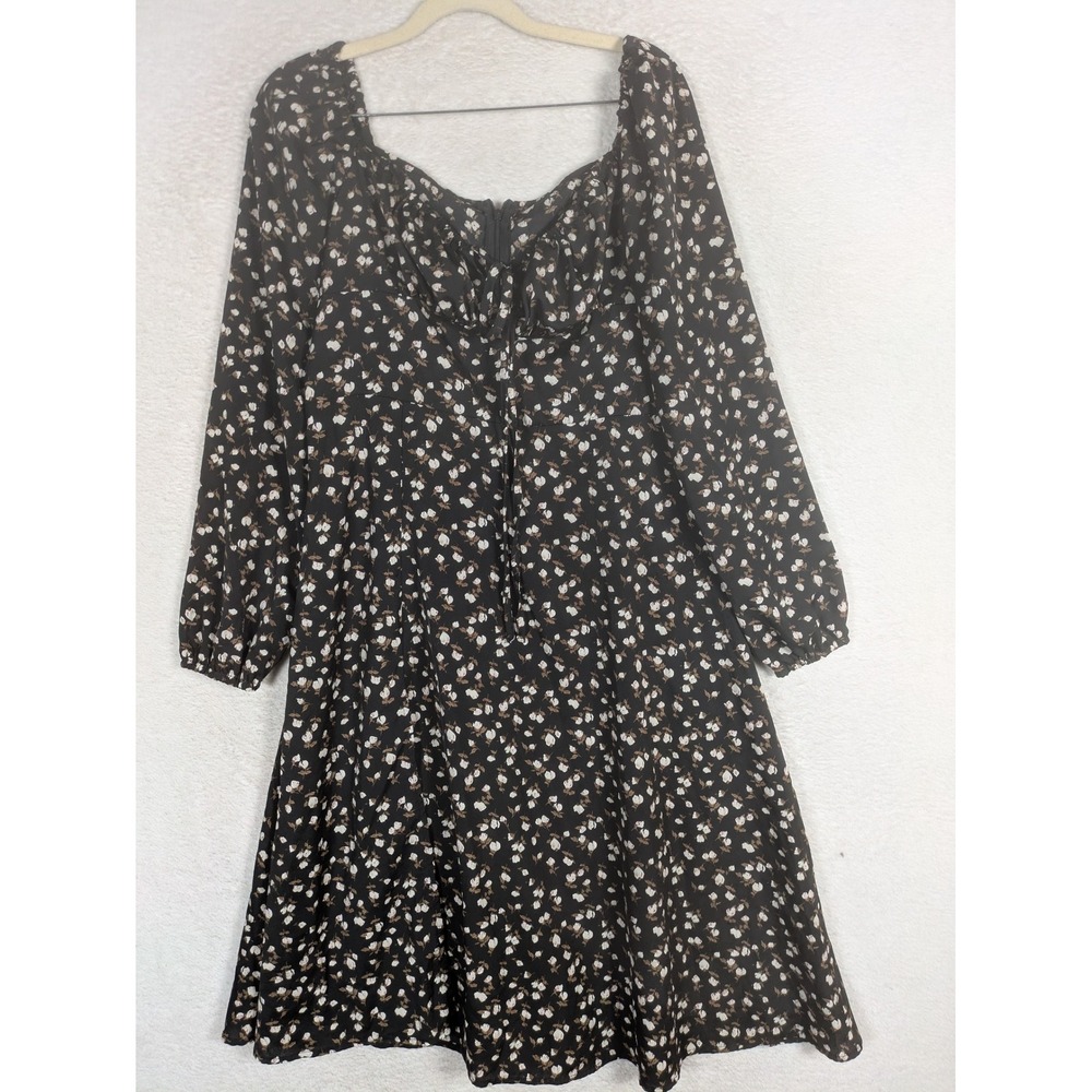 SHEIN Dress Women's L Black Floral Sweetheart Neckline Long Sleeve A-Line Zip